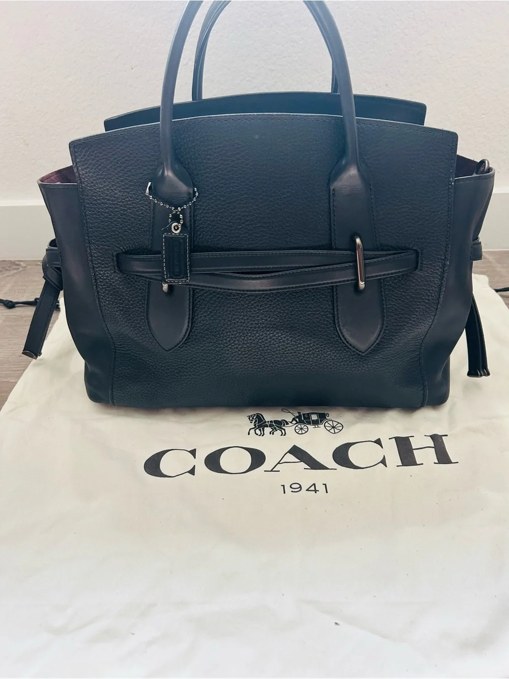 Coach Black Leather Tote with Signature Tag